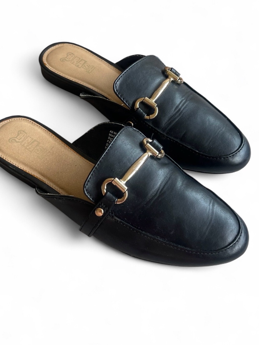 BRASH Black Leather Slip-On Loafers with Gold Bit Detail